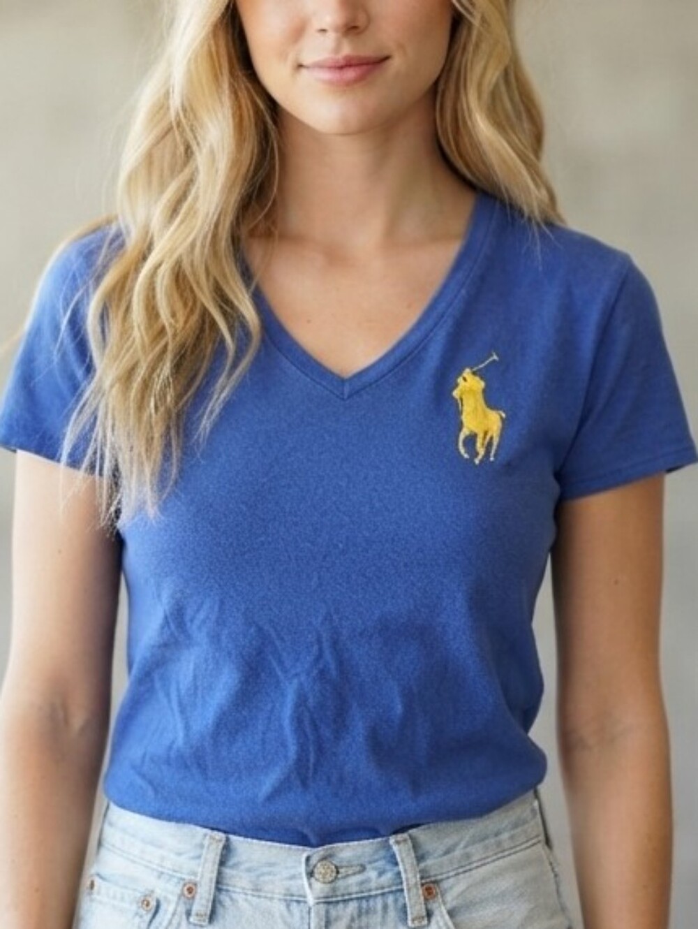 Ralph Lauren Polo Royal Blue V-Neck Tee Shirt Yellow Horse Logo Women's Sz L